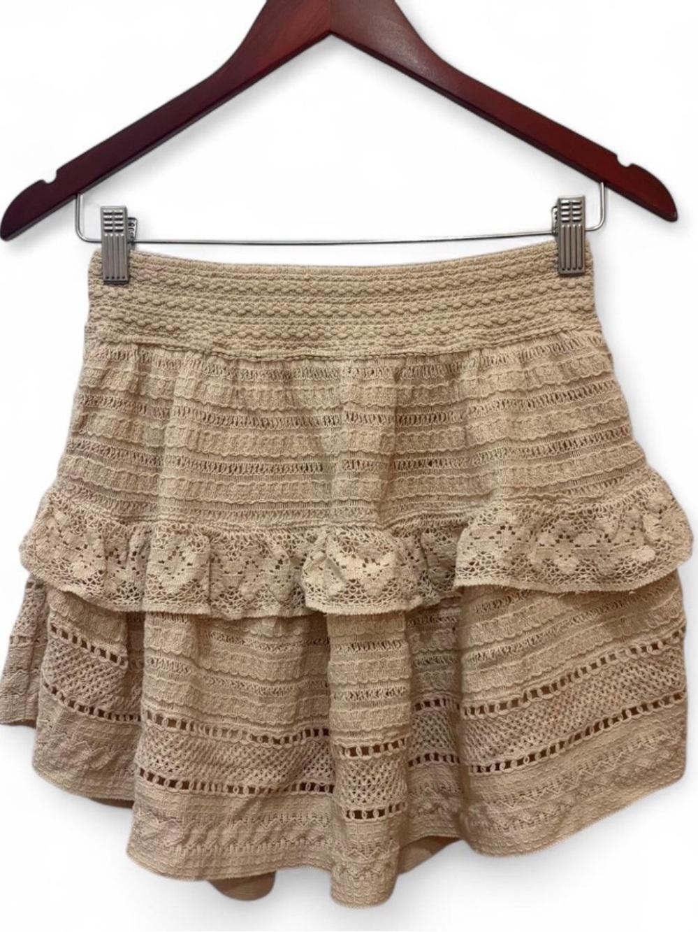 Aerie cream crochet mini skirt with ruffles